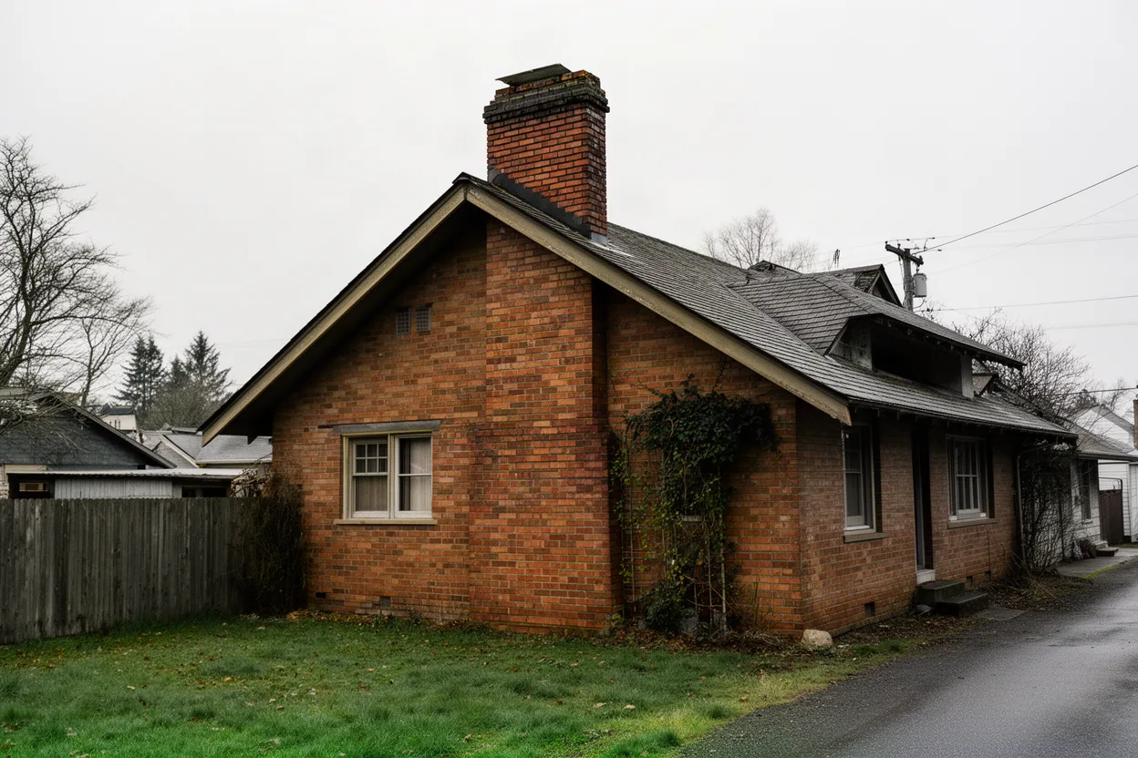 older brick craftsman house with a masonry chimney at the gable end of the roof