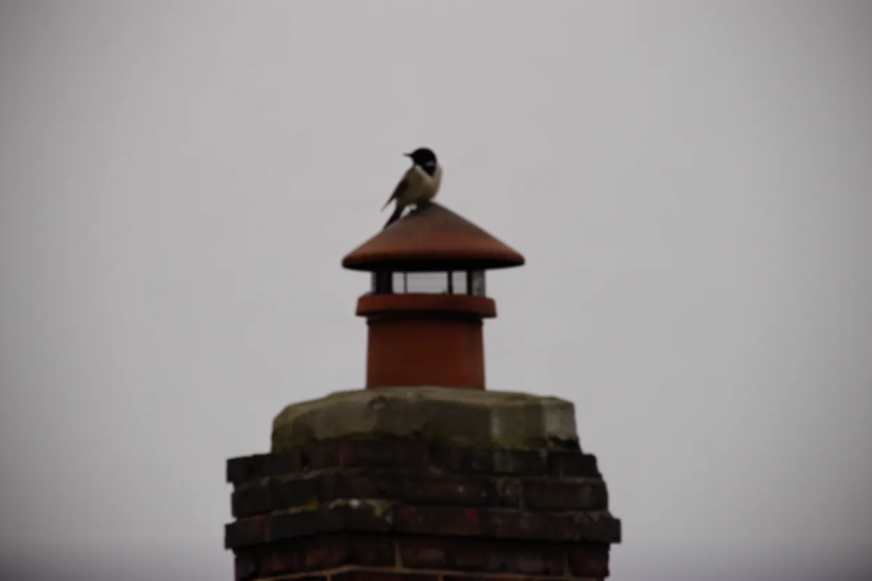 a bird sitting on top of an uncapped chimney flue, muted colors