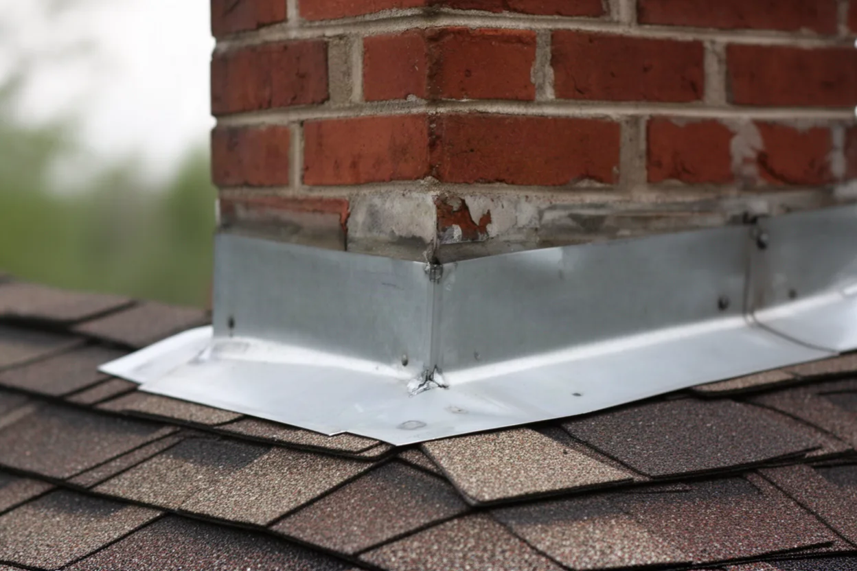 the metal flashing band where a brick chimney meets a shingle roof, muted colors