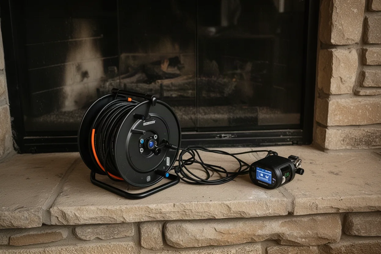video inspection cable reel and camera head on the hearth in front of a masonry fireplace