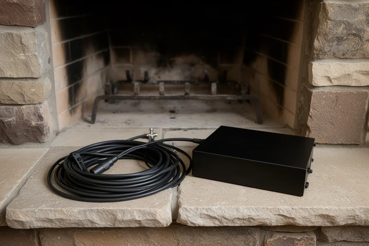 inspection camera cable coiled on a stone hearth in front of an open masonry fireplace flue