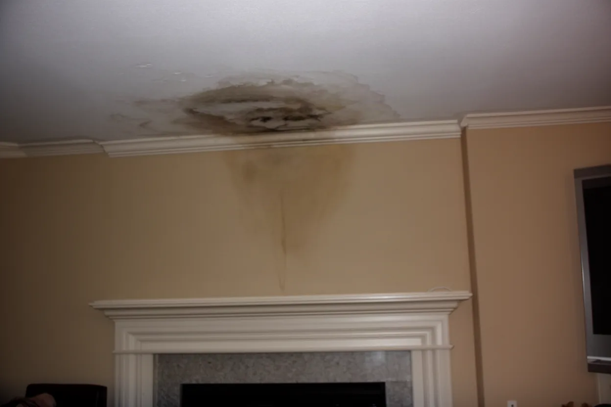 a living room fireplace wall with a water stain spreading on the ceiling near it, muted colors