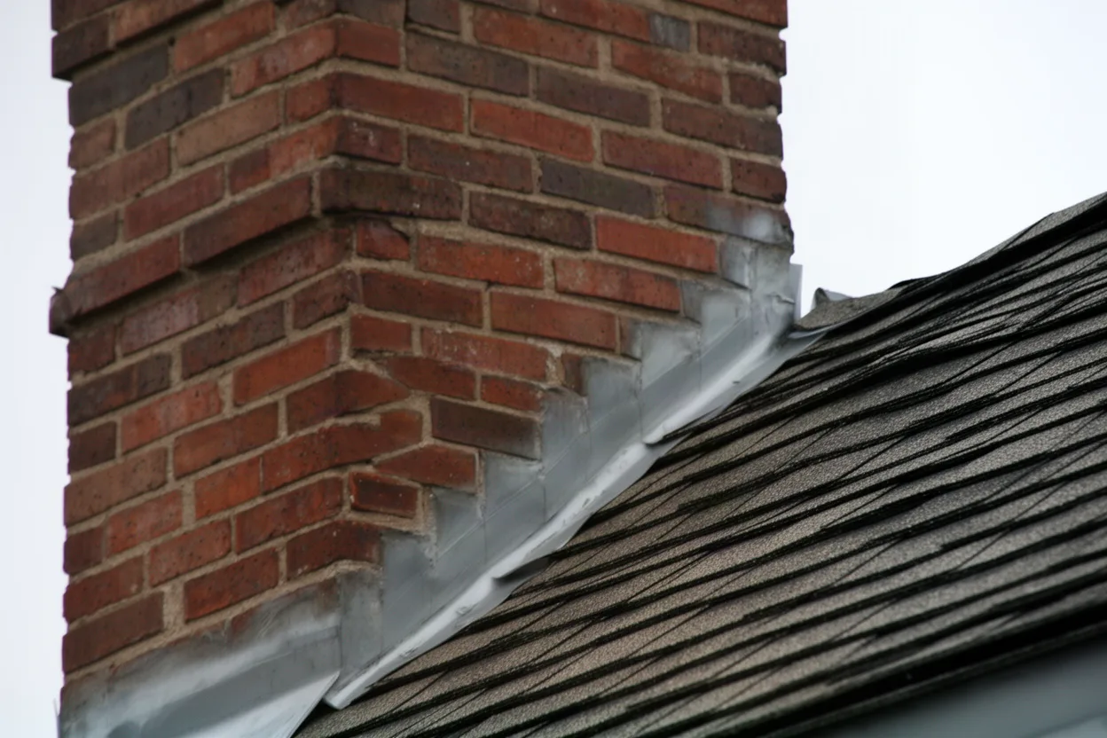 a brick chimney meeting a shingle roofline with flashing visible, muted colors
