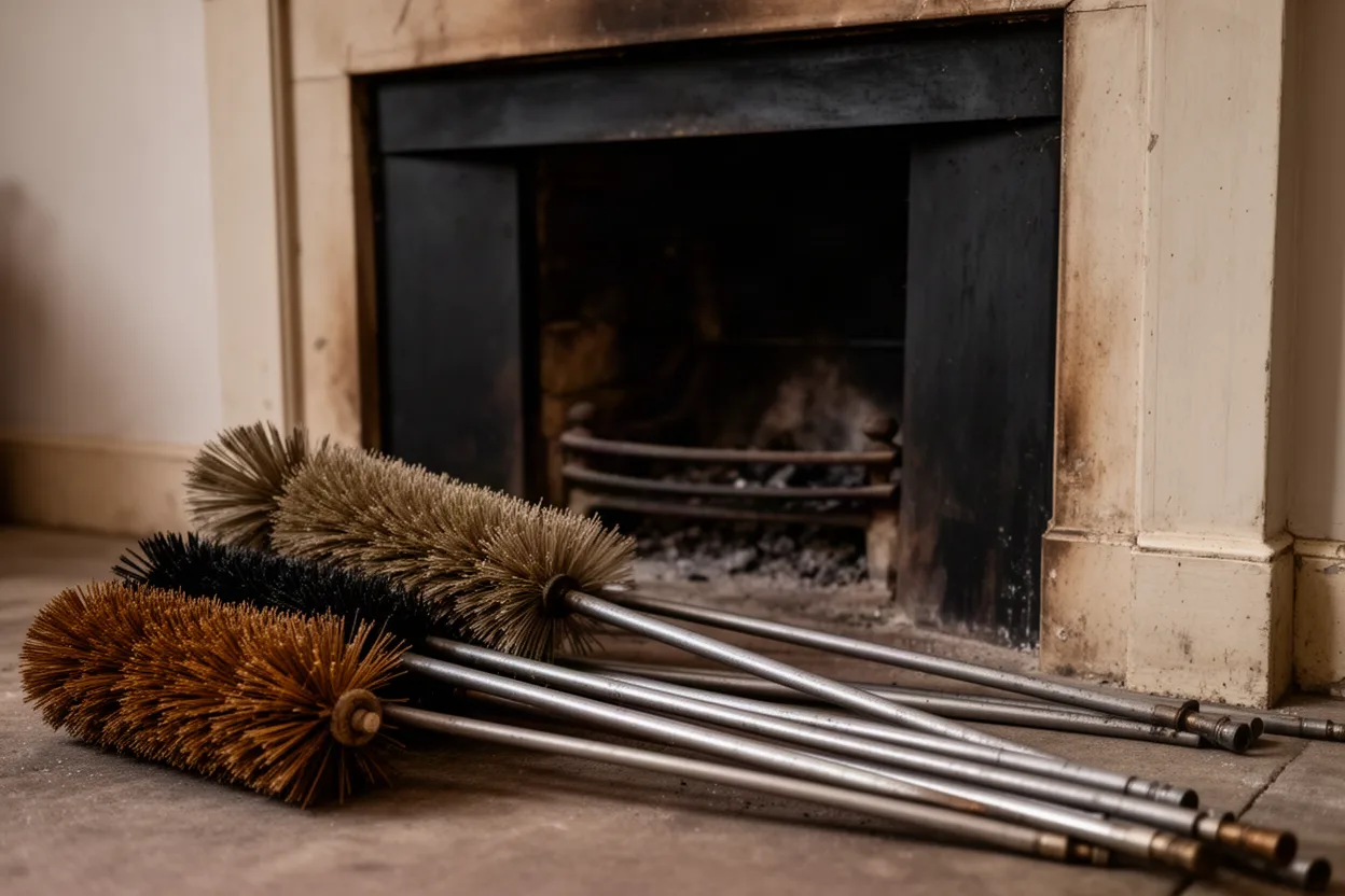 a chimney sweep's brushes and rods laid out in front of a fireplace, muted colors