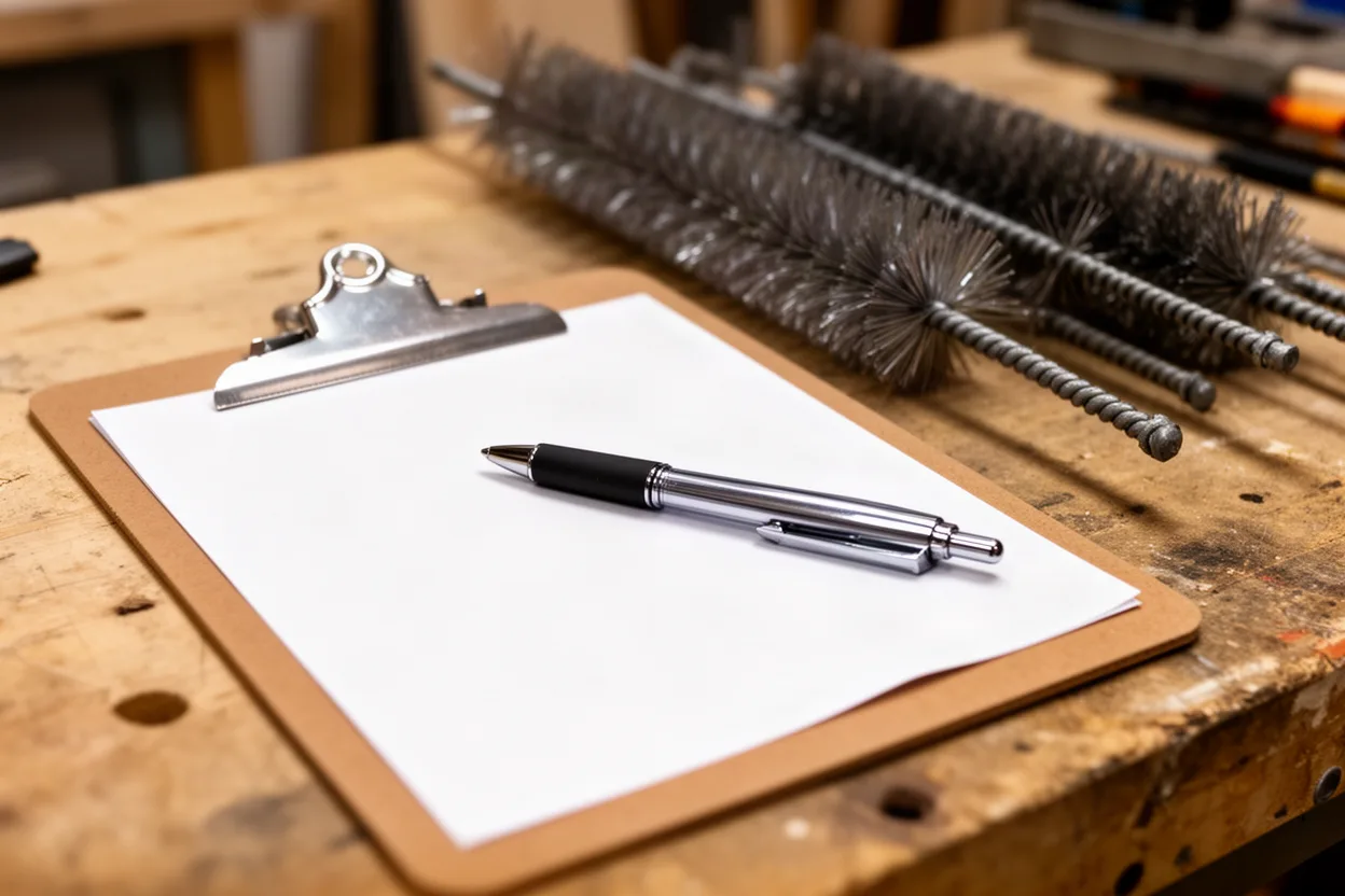 a clipboard and pen on a workbench with chimney brushes blurred behind, flat light
