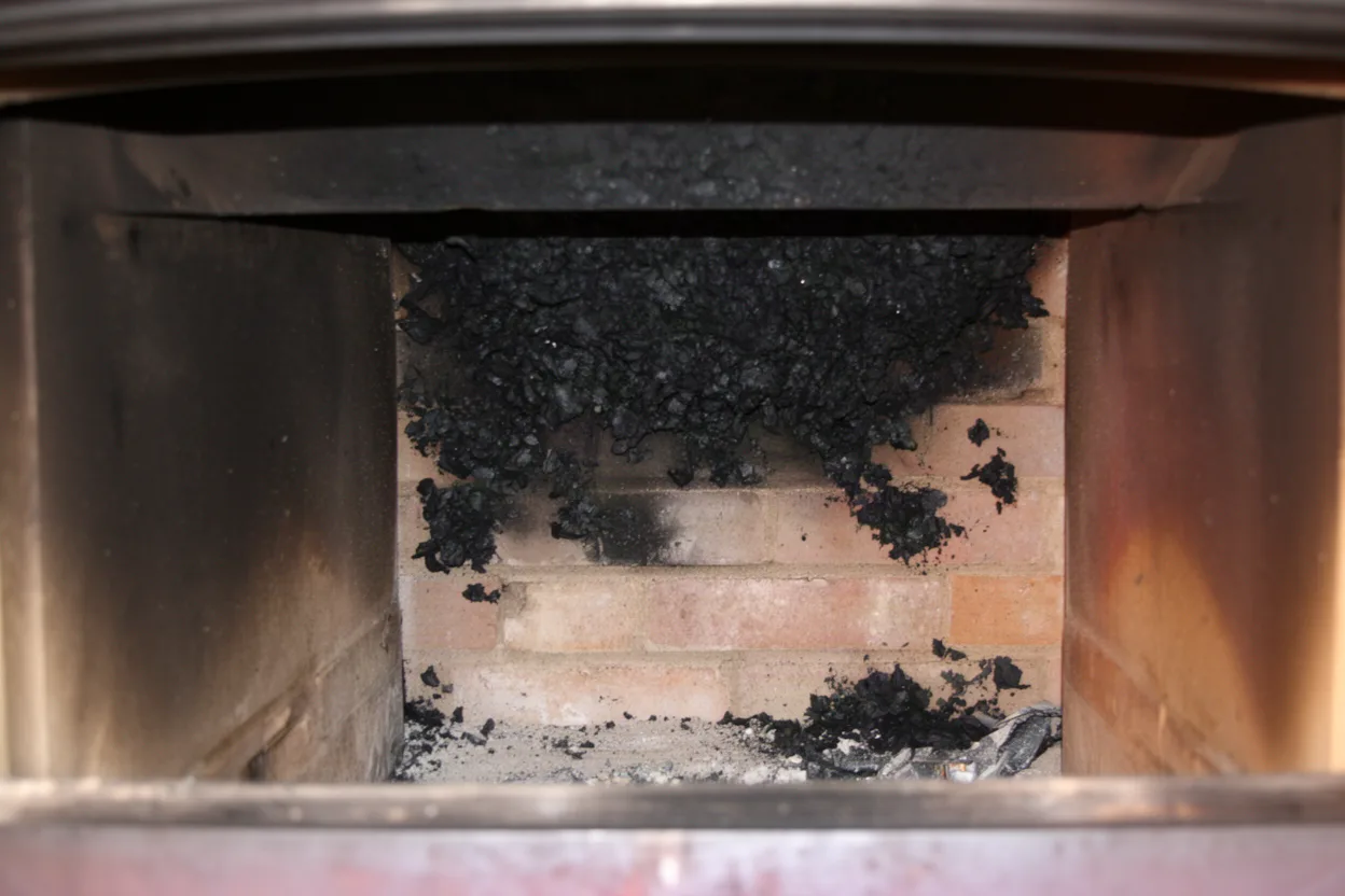a chimney interior wall with black flaky deposits visible through the fireplace opening, muted colors