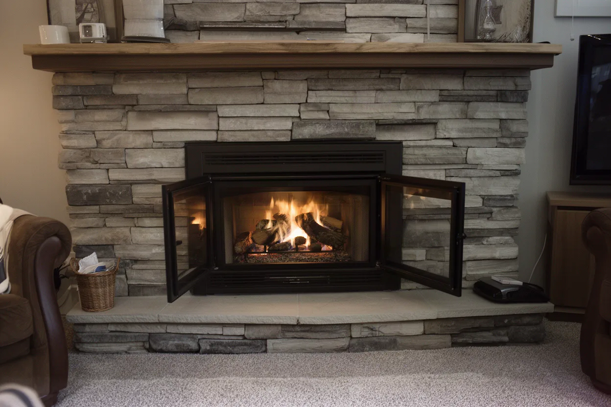 a gas fireplace in a living room with the glass front open, muted colors
