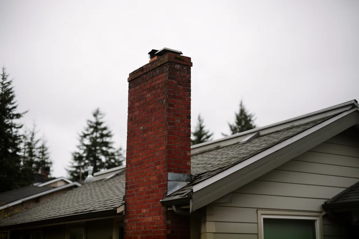 a brick chimney on a suburban Pacific Northwest house roofline under an overcast sky, muted colors