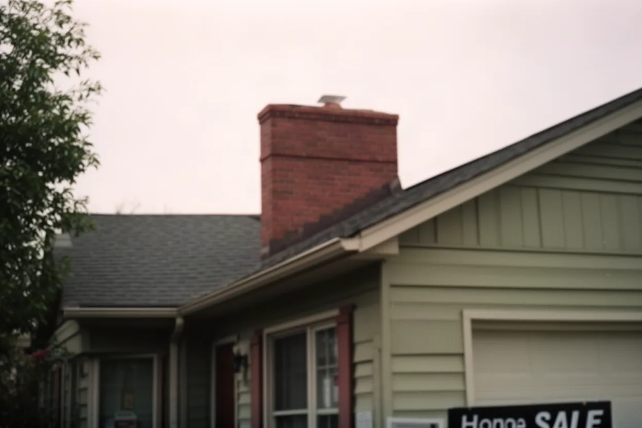 a house for sale with a brick chimney visible on the roofline, muted colors