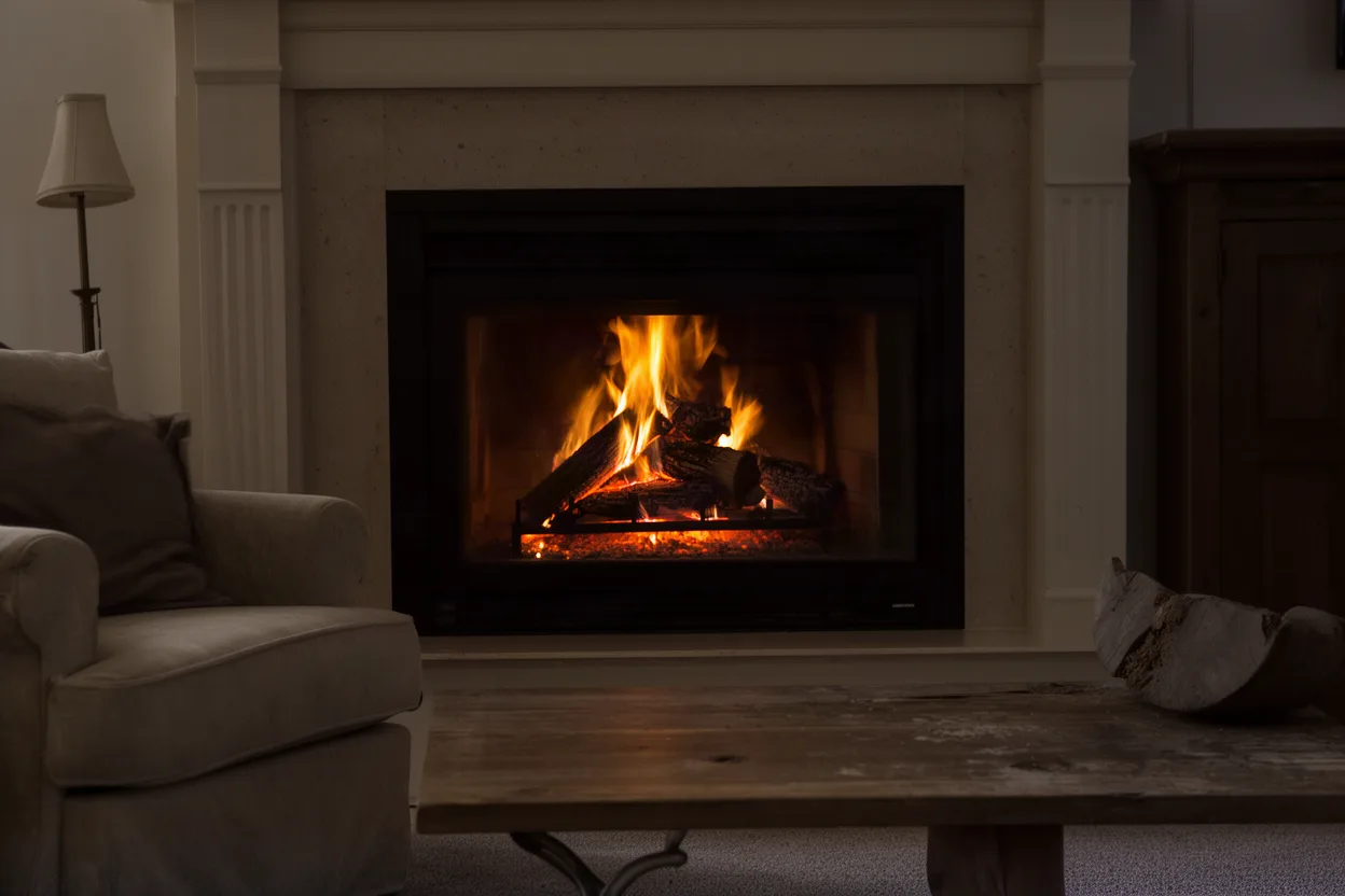 a wood-burning fireplace burning in a living room, muted colors