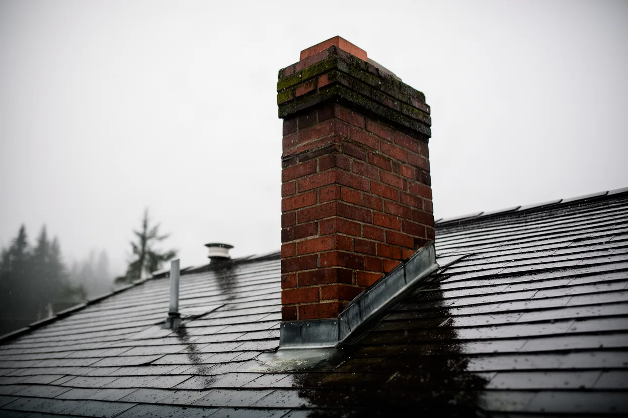 a brick chimney in the rain on a Pacific Northwest rooftop, muted colors