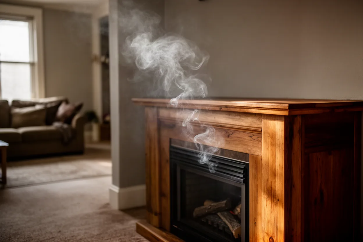 a wood fireplace with light smoke drifting into a living room, muted colors