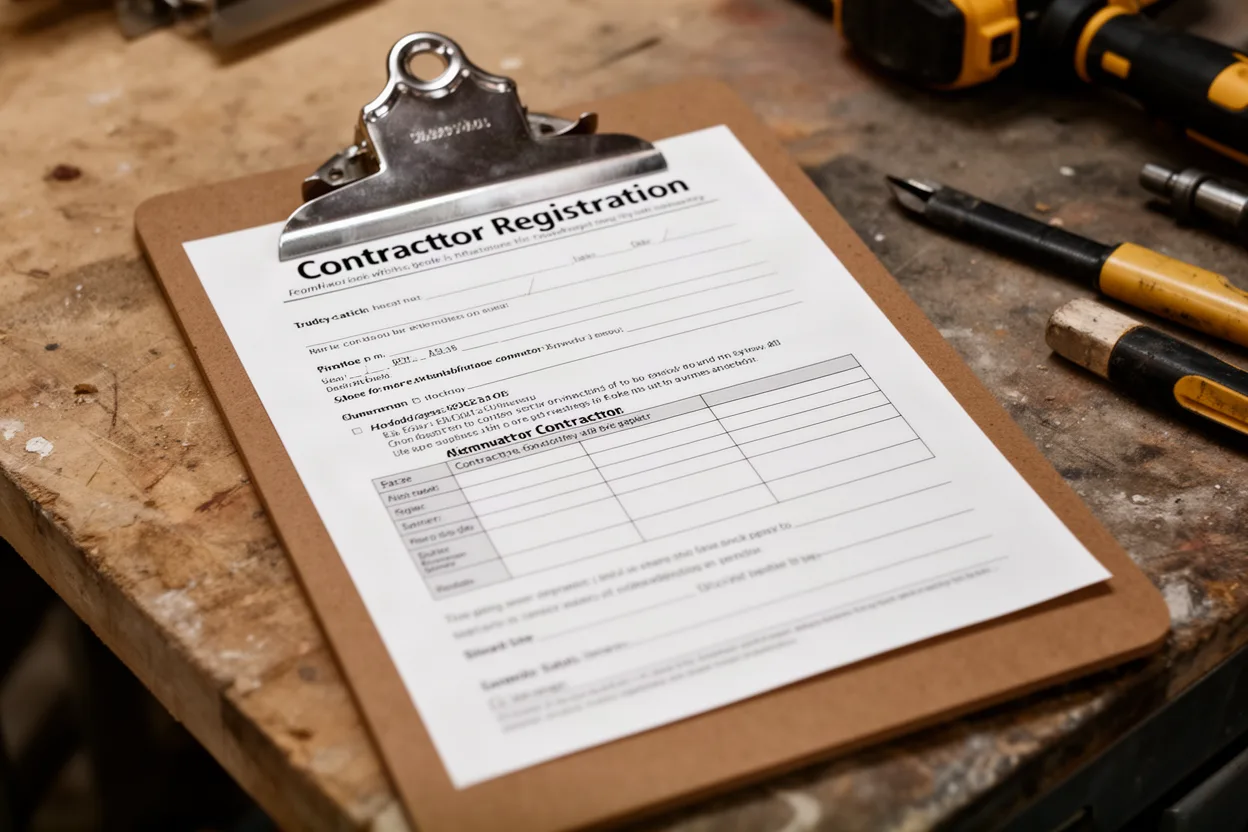 a clipboard with a contractor registration form on a workbench, muted colors